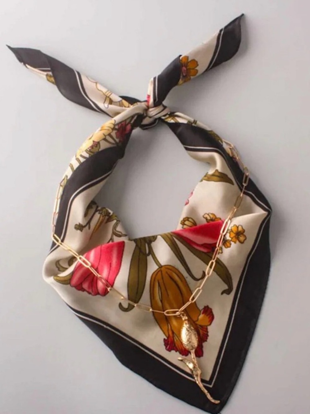 Floral Black and Cream Silk-Feel Neck Scarf & Gold Rose Chain Necklace Set